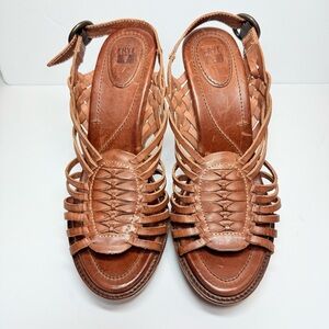 Frye Women's Joy Huarache Sling Peep Toe Heeled Sandal in Brown Leather Size 8.5